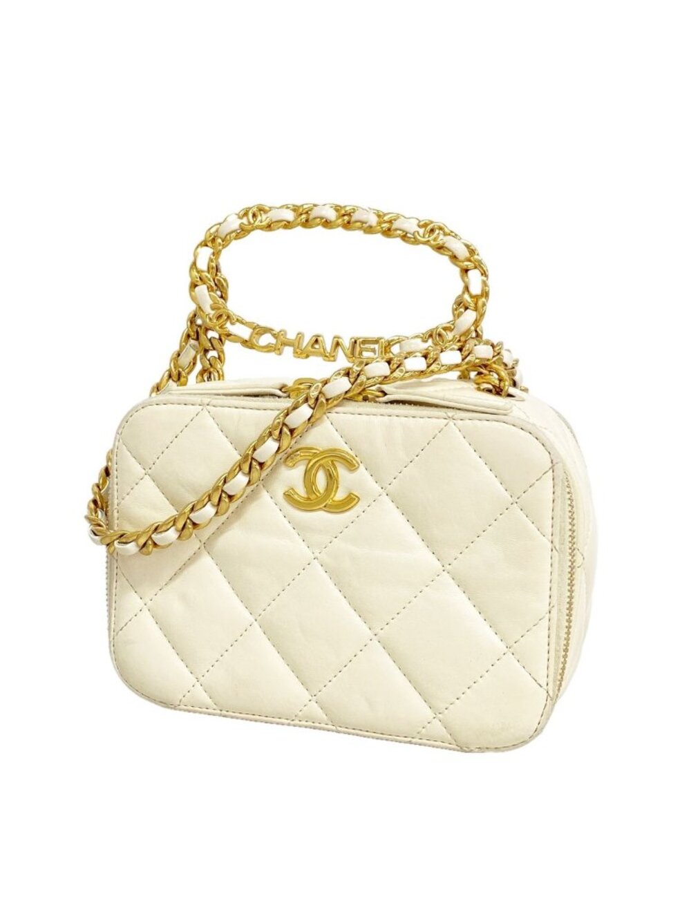 Chanel Shoulder Bag Quilted Lambskin White Gold
